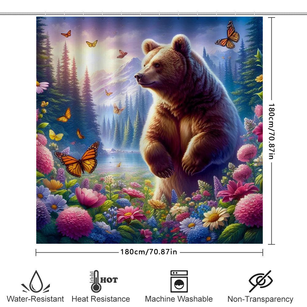 Fantasy Forest Shower Curtain Printed Polyester Waterproof Home Decor Wildlife Bears Butterflies Garden Scene Dimensions: W72 X
