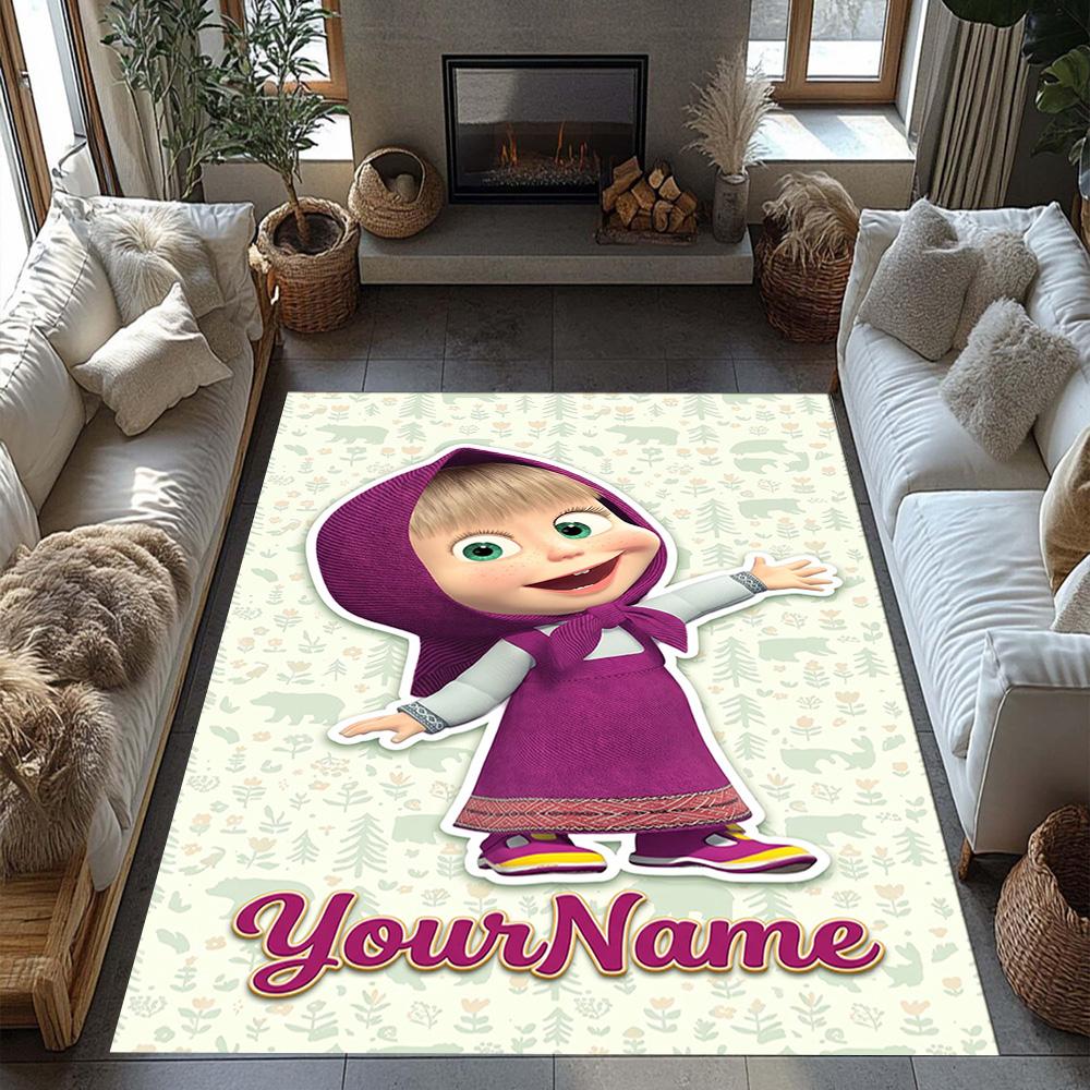 Masha Bear Customizable Name Floor Mat Design for Hallway Playrooms Entryway Outdoor Anti-slip Rug Anime Office Decor Best for Christmas
