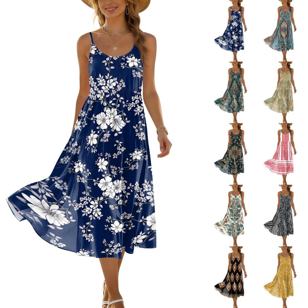 Sleeveless Spaghetti Strap Midi Dress Bohemian Floral Print Casual Summer Flowy Sundress for Women Vacation Beachwear