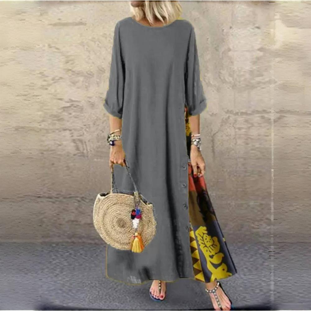 

LYRIA Хлопок Лен Винтажные Длинные Платья Женские Рукава Три Четверти Сращивание Принт Свободное А-силуэтное Платье Мода Повседневное Женское Макси Вестидо XL