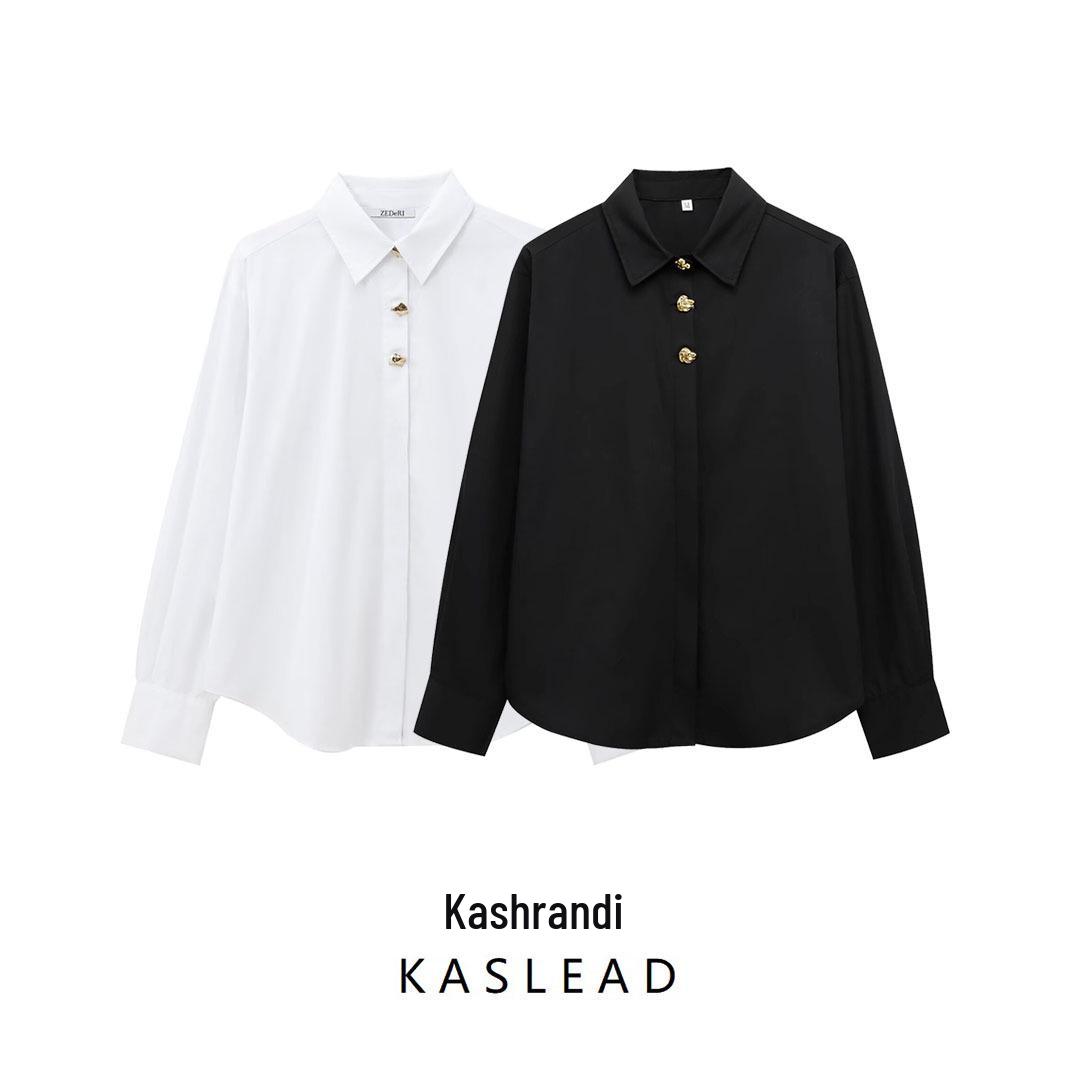 

2024 Women s Winter Fashion Poplin Shirt with Gold Button Details Extra Small
