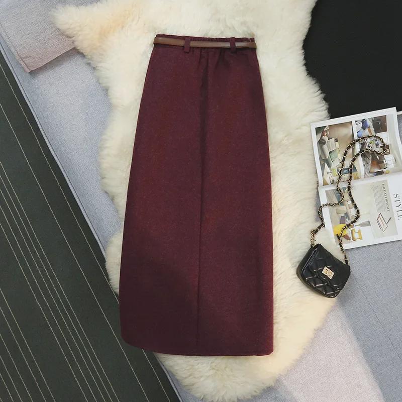Jupe A-line en laine à taille haute et taille élastique pour femmes - Jupe longue fourreau d'automne/hiver pour les déplacements