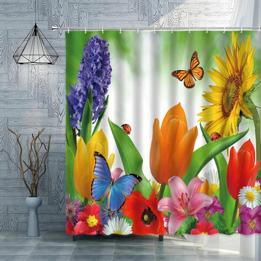 Rose Sunflower Shower Curtain Flower Green Plants Butterfly Bathroom Bath Curtains Waterproof Polyester Cloth Home Decoration