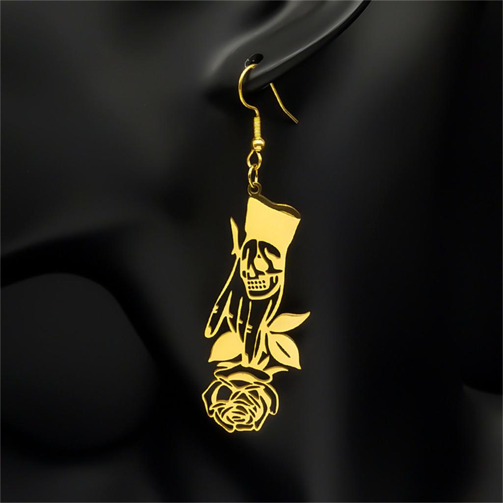 Modetrend Titanstahl Persönlichkeit Totenkopf auf dem Kopf Rose Ohrhänger Gothic Edelstahl Ohrringe Perfekt für Halloween