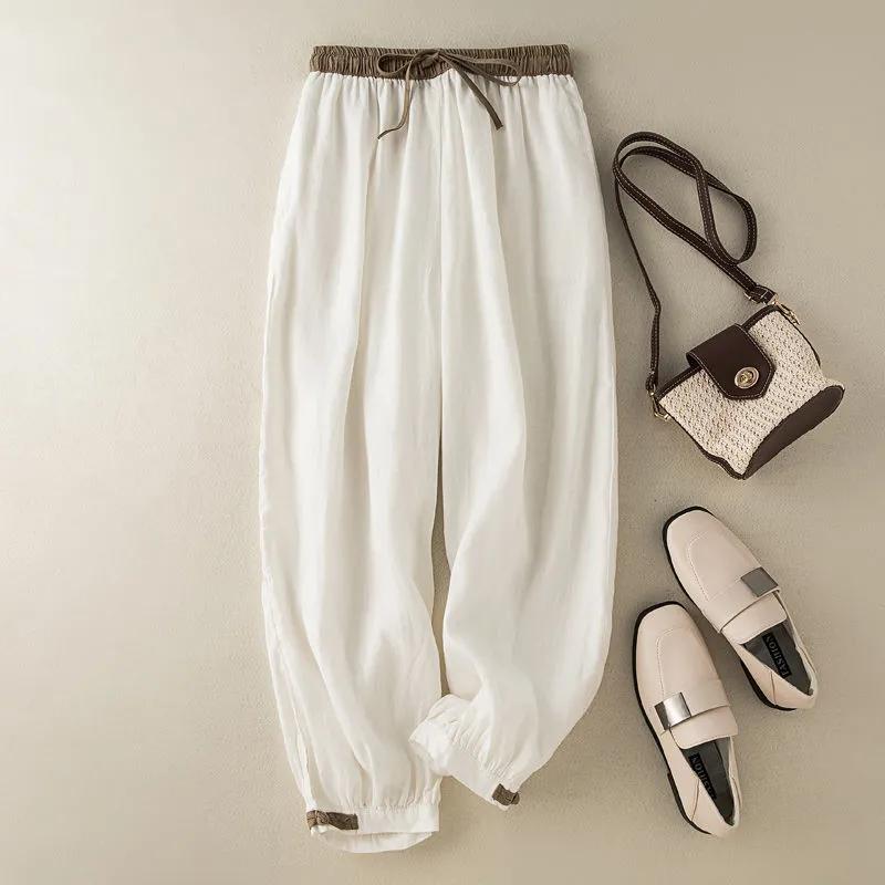 Women's Summer Loose Simple Elastic Waist Pants Cotton and Linen Casual Harem Pants