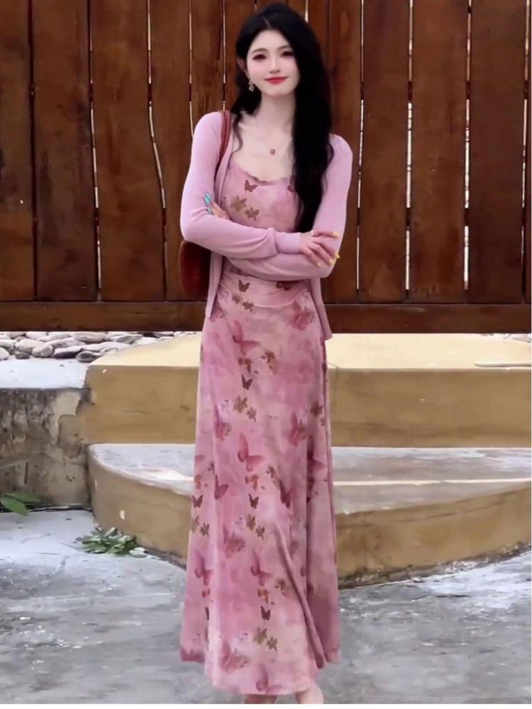 Elegant Floral Print Camisole Dress & Cardigan Set for Women - French Style, Slim Waist