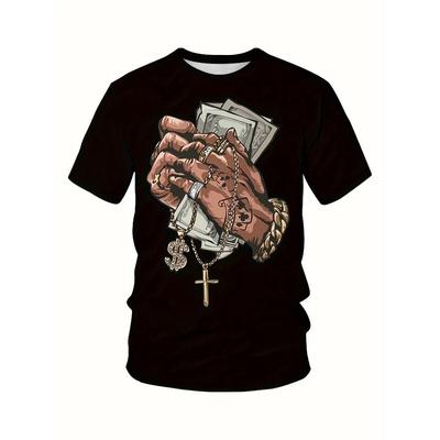 "Praying For Money" Graphic Print Crew Neck Short Sleeve T-shirt For Men, Casual Summer T-Shirt For Daily Wear