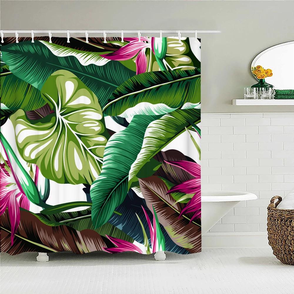 Tropical Plant Leaves Bath Curtain Waterproof Fabric Shower Curtains Colorful Palm Leaf Print Bathtub Screen for Bathroom Decor