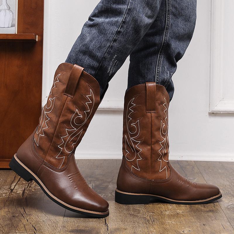 Cheap 22 Western Cowboy Boots Square Head High Top Vintage Martin Boots Embroidered Locomotive Boots