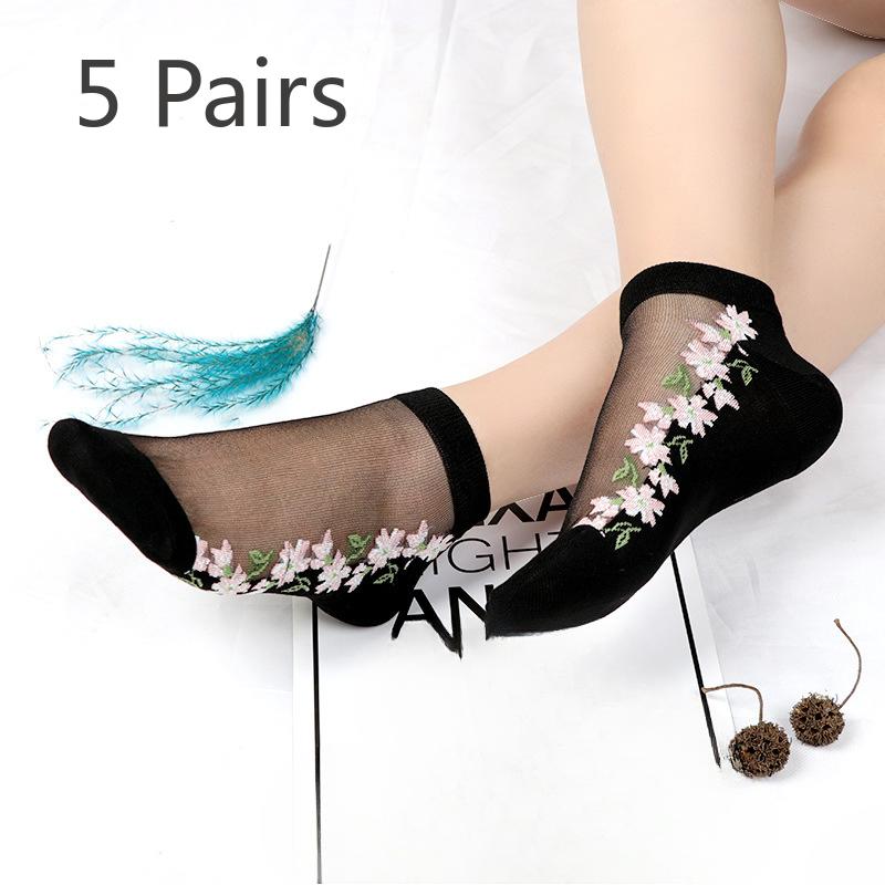 5 Pairs of Women's Summer Embroidered Non Slip Cotton Bottom Glass Silk Socks