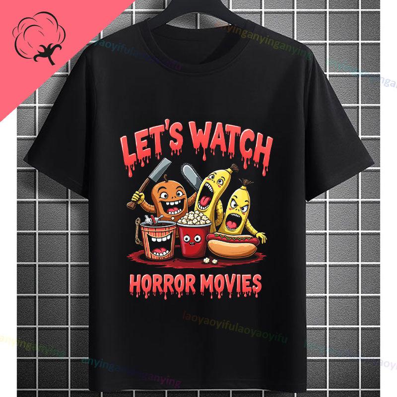 Retro Lets Watch Horror Movies Design Halloween Movie Lovers Graphic Tshirt Short Sleeve 100cotton Originality Casual Tshirt