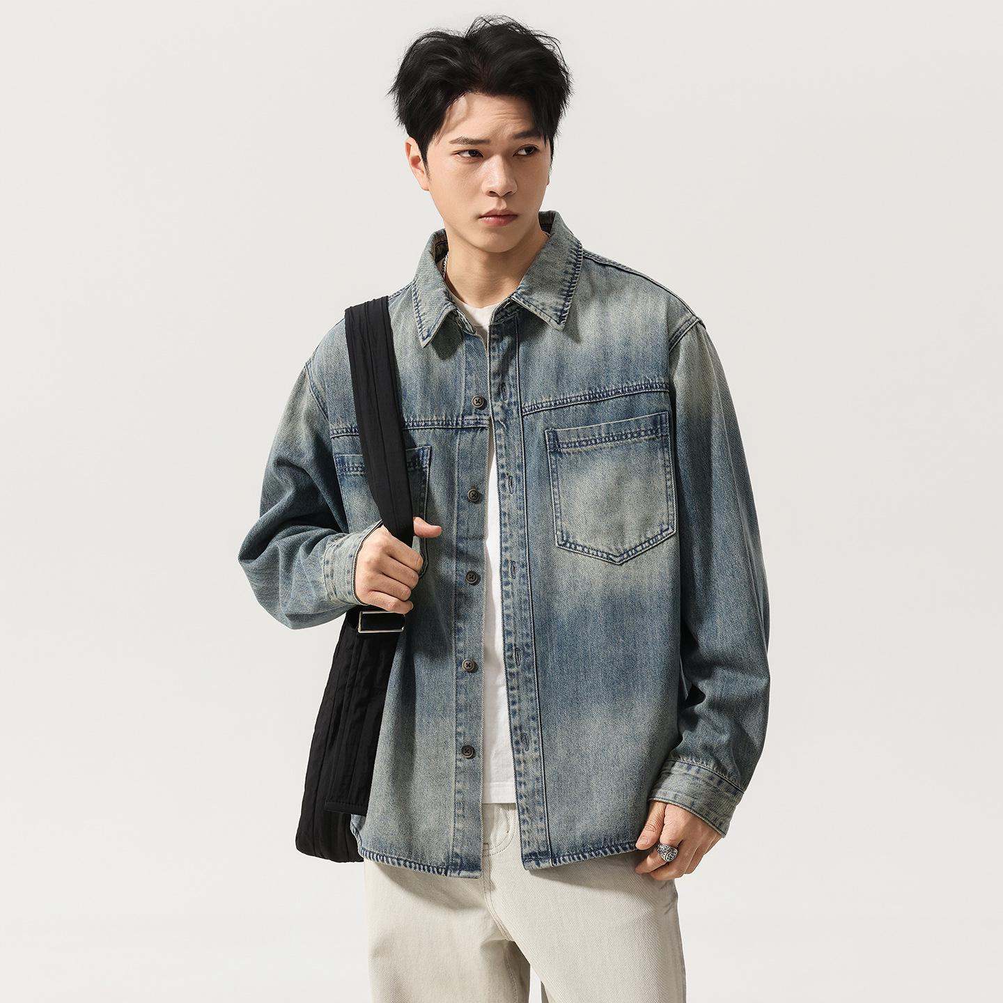 Feng She Men s Retro American Washed Denim Long Sleeve Shirt - Spring New Arrival 2XL синий