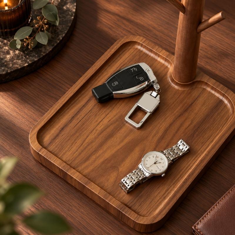 Entryway Key Holder and Jewelry Stand with Branched Hanging Pegs, Recessed Tray, and Removable Solid Wood Post