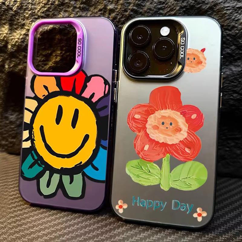 Floral Pattern Sun Smile Face Design For iPhone 16 15 Pro Max 14 13 12 11 ProMax Matte Hard Back Cover Case Funda Coque