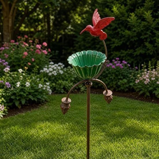 Outdoor Bird Feeder, Bird Baths for Outside, Metal Flower Garden Stakes Bird Bath, Hummingbird