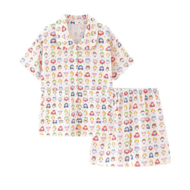 Girls Cotton Gauze Pajama Set Short Sleeve Cartoon Sleepwear Kids Home Wear
