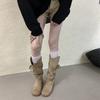 2025 Autumn New Wasteland Fringed Knight Boots Women's Thick Heel Medium Heel Tube Boots Stacking Boots