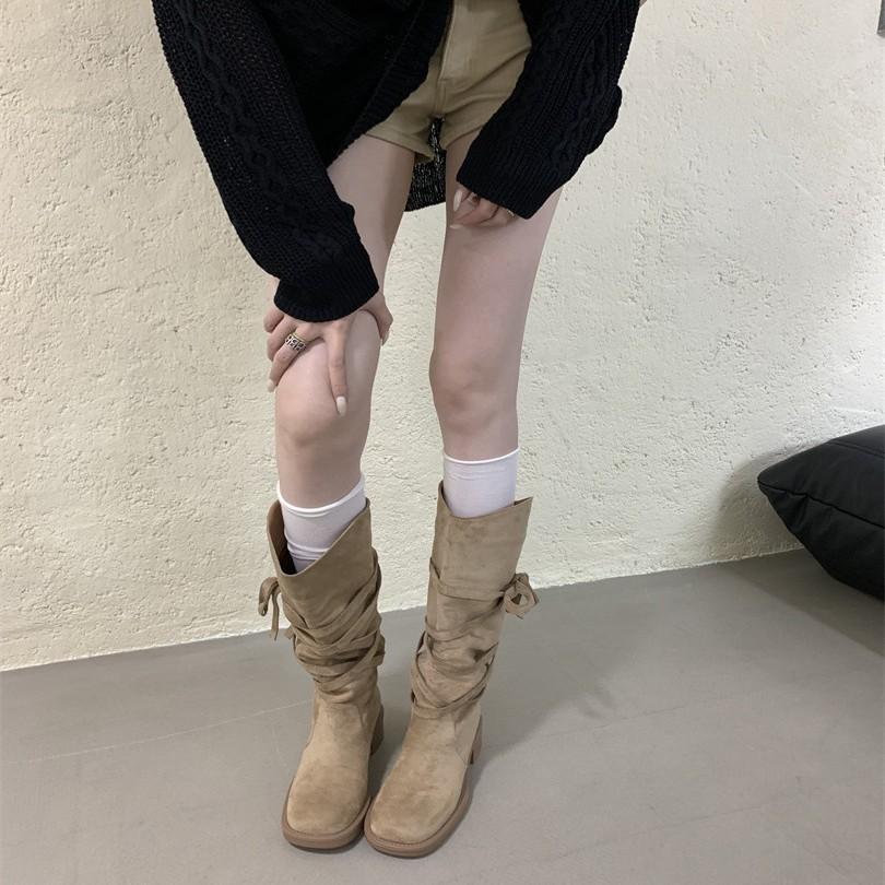 2025 Autumn New Wasteland Fringed Knight Boots Women's Thick Heel Medium Heel Tube Boots Stacking Boots
