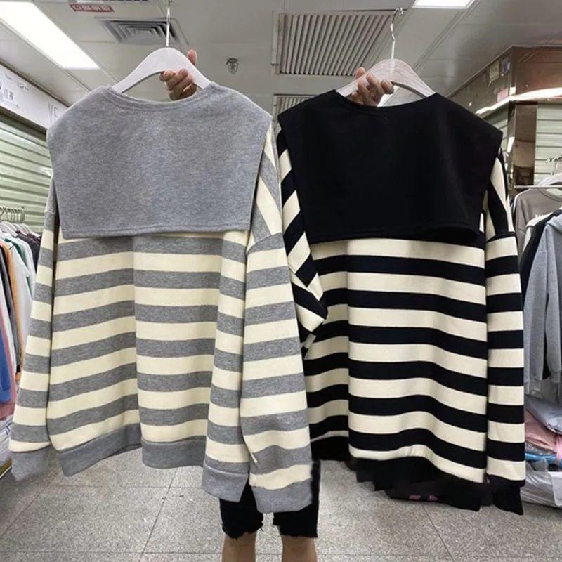 Korean Style Plus Size Shawl & Wide Stripe Top for Women - Spring/Autumn, 300 Jin, Loose Fit, Age-Reducing, Thin Round Neck Sweatshirt