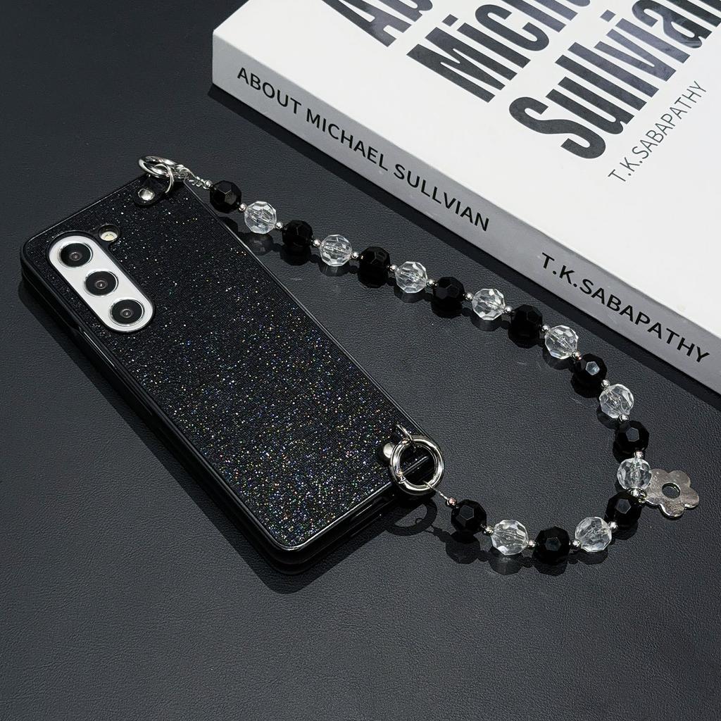 For Samsung Galaxy Z Fold6 5G Case Glitter Finish Leather+PC Phone Cover with Beaded Strap