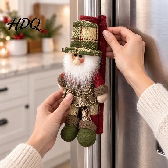 Polyester Fridge Handle Wrap 2Pcs/Set Santa Snowman Refrigerator Covers Christmas Wrap Xmas Kitchen Theme Decor Cute Decorative Door Sleeves