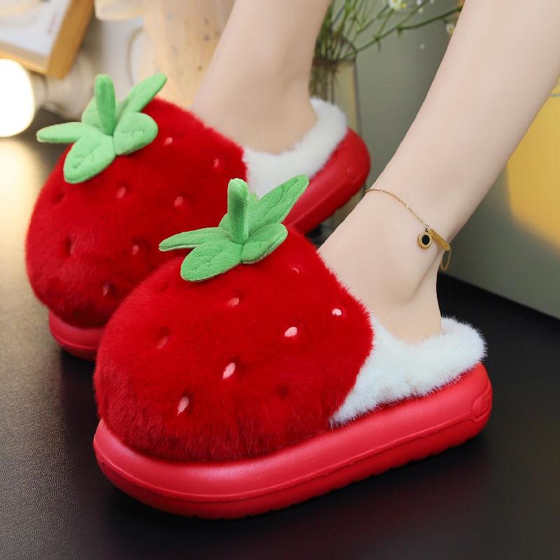 

Модные новые домашние хлопковые тапочки с клубничным пушком для женщин, зимние уютные комнатные туфли, женские креативные фруктовые пушистые шлепанцы 40-41 красный