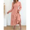 Women Elegant Solid Color Pom Pom Long Sleeve High Waist Ruffled A Line Long Dress