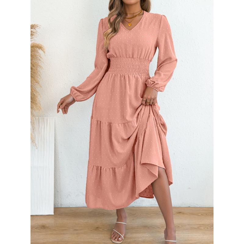Women Elegant Solid Color Pom Pom Long Sleeve High Waist Ruffled A Line Long Dress