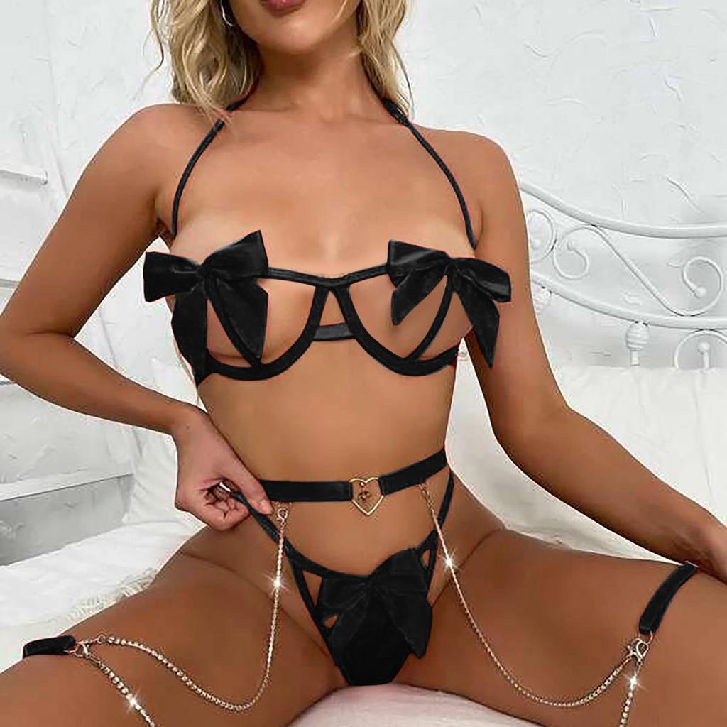 Women's Sexy Lingerie Strap Bow Chain Splicing Backless Three Piece Set