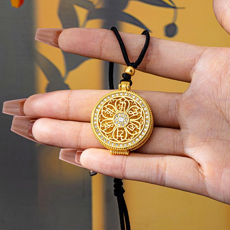 Women's Trendy Gold Sand Compass Pendant Necklace with Diamond-Inlaid Eight Treasures and God of Wealth Design