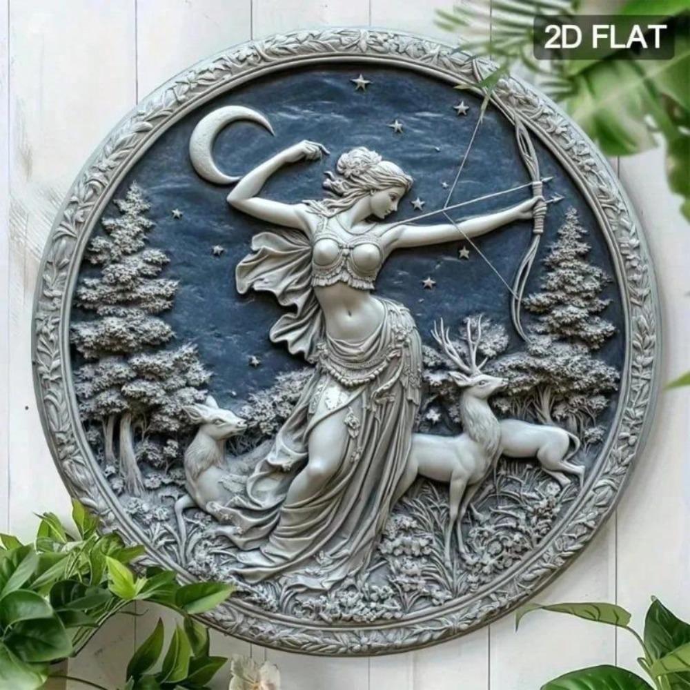 Mondhirsch Artemis Göttin Aluminium Metall Wandkunst Rund 7,8 Zoll Plakette Heimdeko Halloween Geschenk