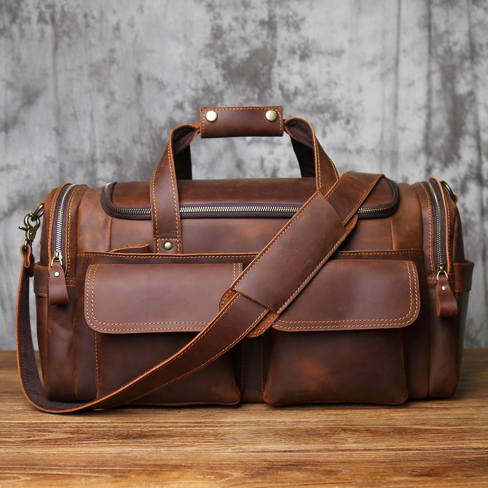 

NZPJ Retro Men s Genuine Leather Travel Bag Crazy Horse Leather Large Capacity Crossbody Top-Grain Leather Handbag коричневий