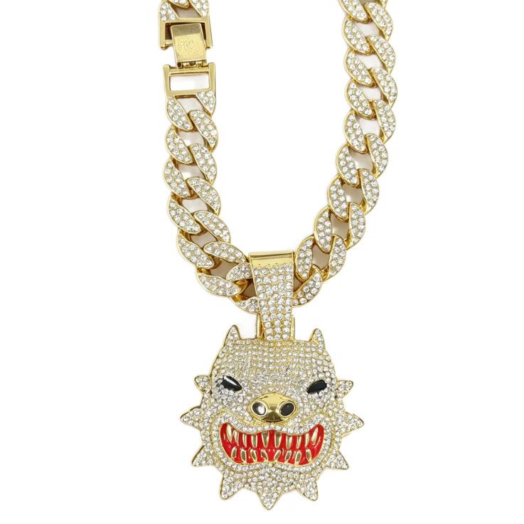 Hip Hop Diamond Pitbull Pendant Cuban Chain Alloy Full Diamond Trend Brand Accessories Personalized Men'S Street Rap Necklace
