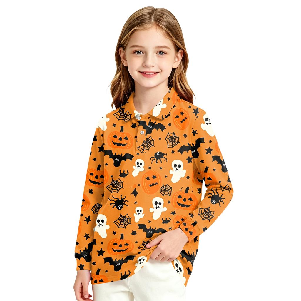 Girls' Long Sleeve Halloween Print School Uniform Blouse for Casual and Formal Wear