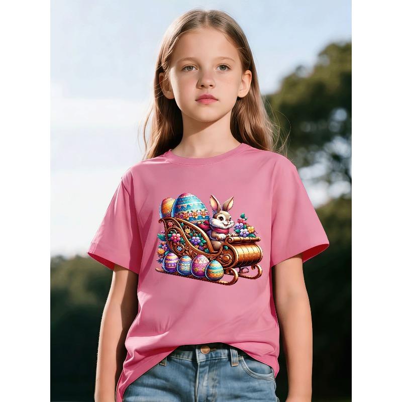 Europäische Größen Süßes Osterhasen-Ei T-Shirt | Perfekt für Mädchen und Jungen, Lebendige Farben mit großohriger Häsin und Blumenmuster
