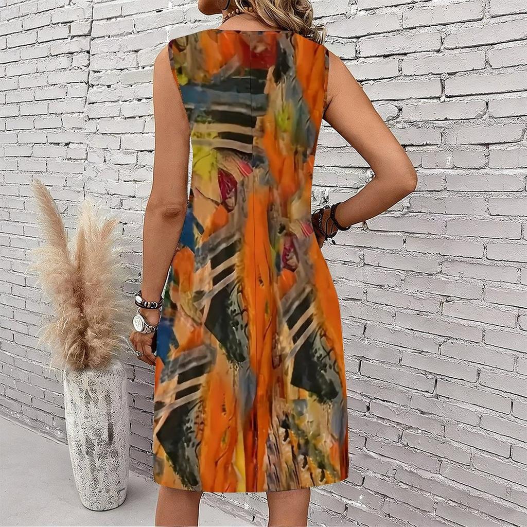 Plus Size V Neck Sleeveless Dress Green Valley Waterfall Painting Print For Country Hiking Journey