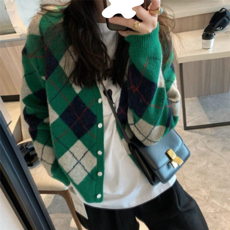 

Осень и зима зеленый ромбовидный вязаный кардиган куртка женская с длинным рукавом повседневные женские свитера пальто винтажные кардиганы с V-образным вырезом топы 24616