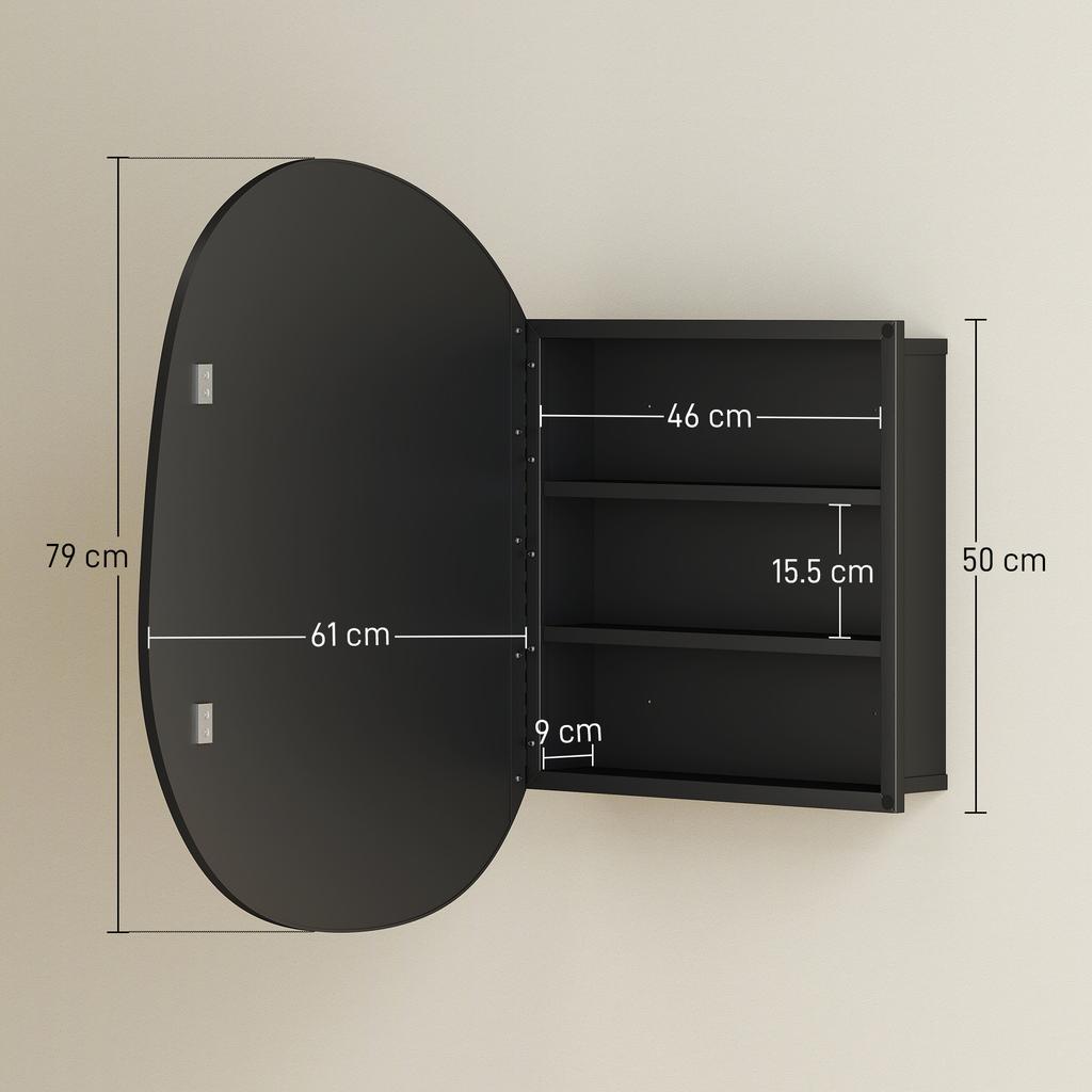 Badrumsspegel med skåp och 3 invändiga hyllor i aluminium och metall 61x12x79 cm Svart