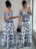 Summer new European and American holiday style one-word shoulder printing long dress women's waist design dress