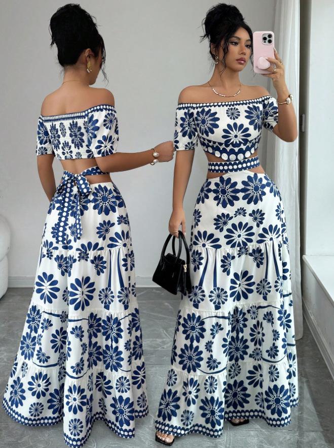 Summer new European and American holiday style one-word shoulder printing long dress women's waist design dress