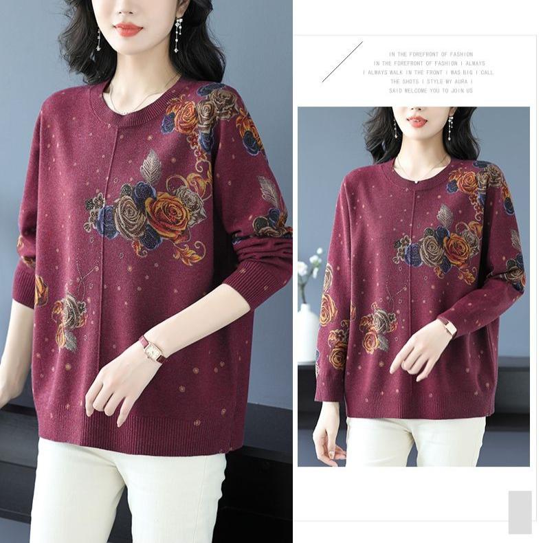 Women's Printed Wool Sweater Loose-Fit Crew Neck Plus-Size Sweater Autumn and Winter Warm Soft Stretchy Knit Top