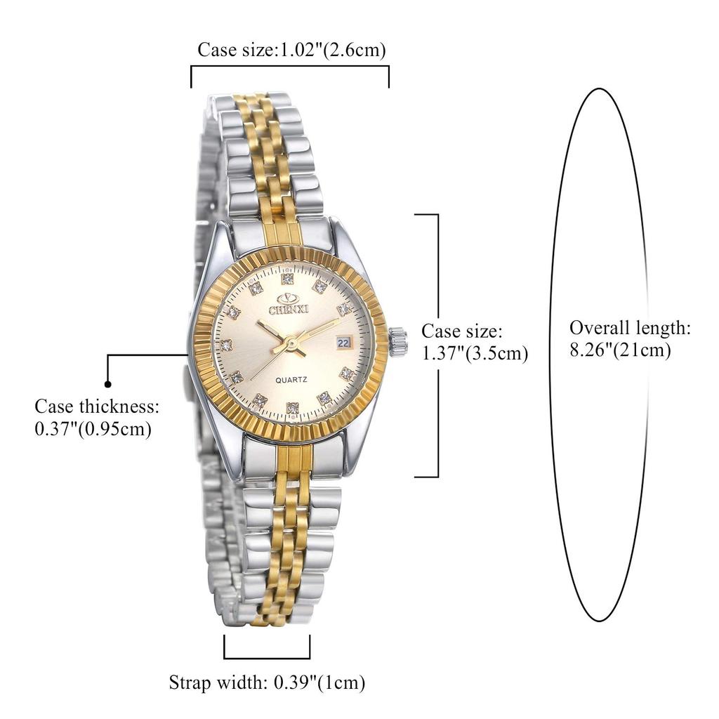 JEWELRYWE Women's Watch, 3ATM Water Resistant, Calendar Function, Luminous Analog, Japanese Quartz Movement, Stainless Steel Strap, Gold, Fashion
