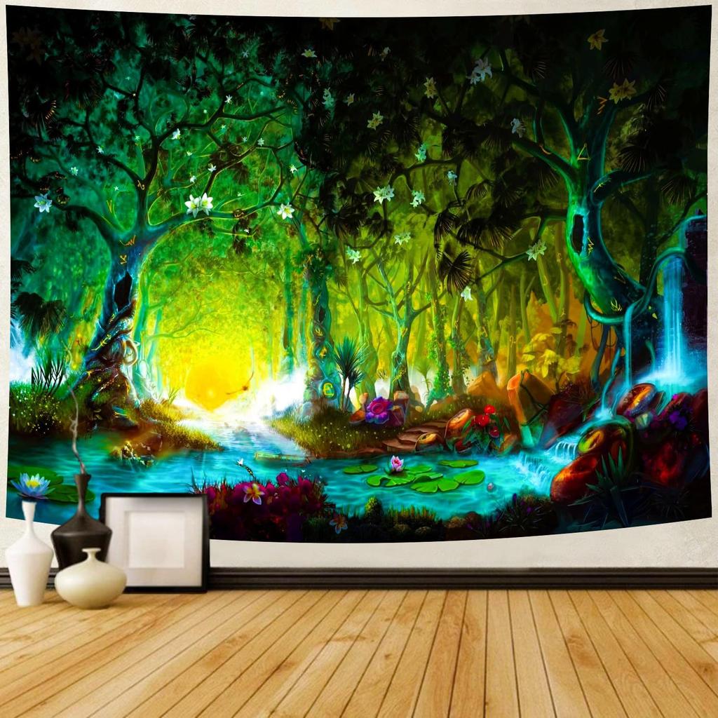 Colorful Autumn Forest Tapestry Waterfall and Orange Trees Scene Water Resistant Fabric Seasonal Nature Theme Wall Hanging
