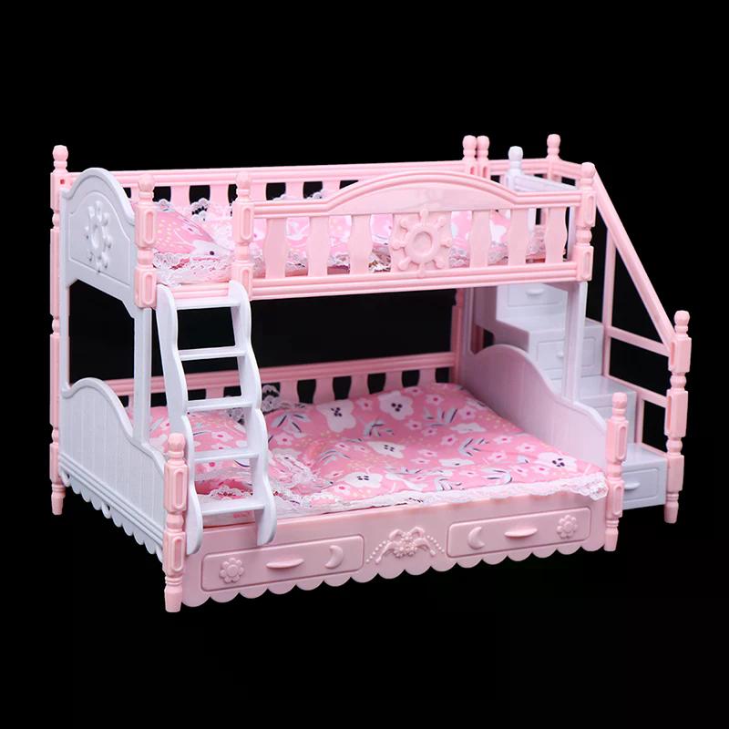 Dollhouse Miniature European Princess Double Bed Simulation Furniture Doll House Bedroom Decor Pretend Play Toys For Kids
