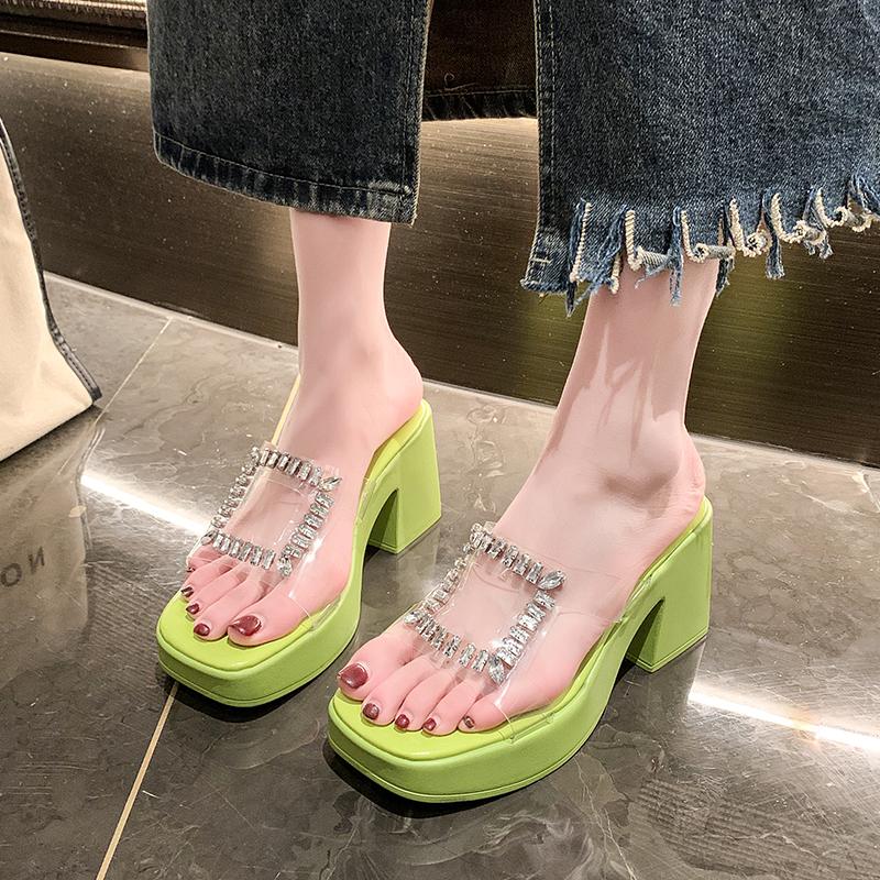 2024 High Quality Women's Shoes Summer Fashion Open Toe Solid Color Women's Slippers Transparent Rhinestone Women's High Heels