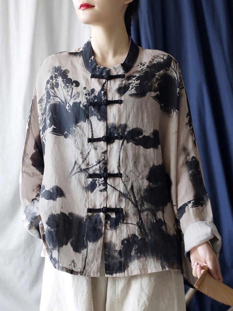 Johnature Camisas de ramio de estilo chino para mujer, Tops con botones de manga larga, blusas holgadas de otoño, camisas con estampado de lavado de tinta