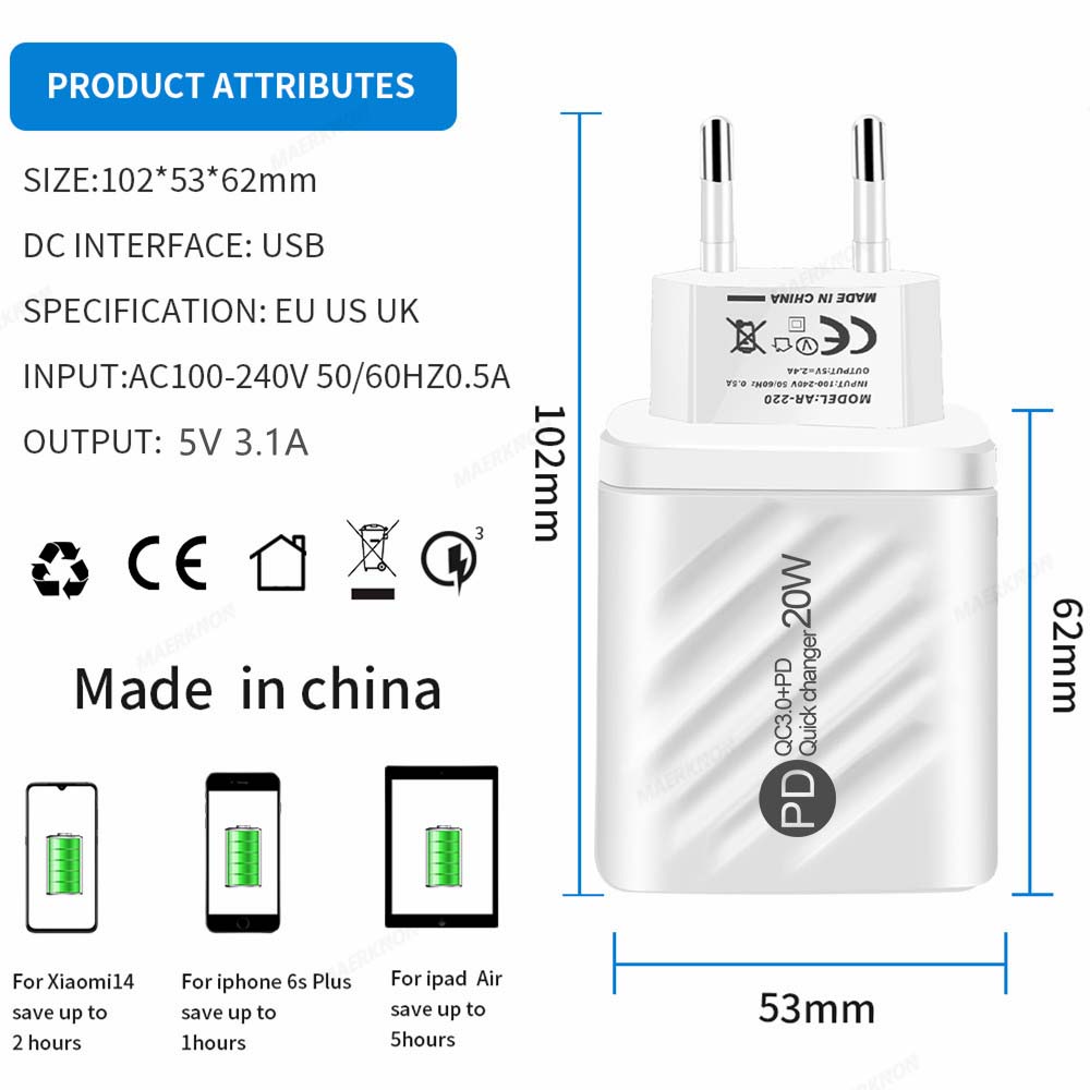 20W USB Charger Fast Charging 2 Ports Type C Phone Charger Adapter for IPhone Samsung Xiaomi Digital Display USB C Wall Charger