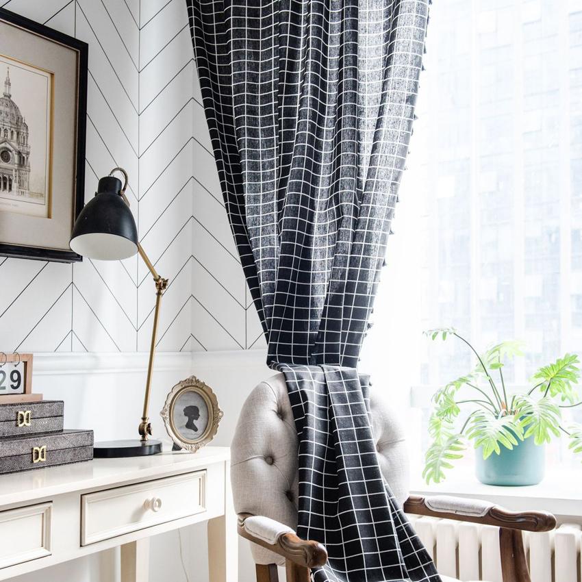 Black Plaid Blackout Curtain High Quality Simple Modern Homg Living Room Cotton Linen Bay Window Cover with Tassel Hooks