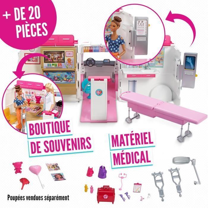 Barbie - 2-in-1 Medical Vehicle - Transformable Into a Hospital - Sounds and Lights - Ages 3+ - 20 Accessories