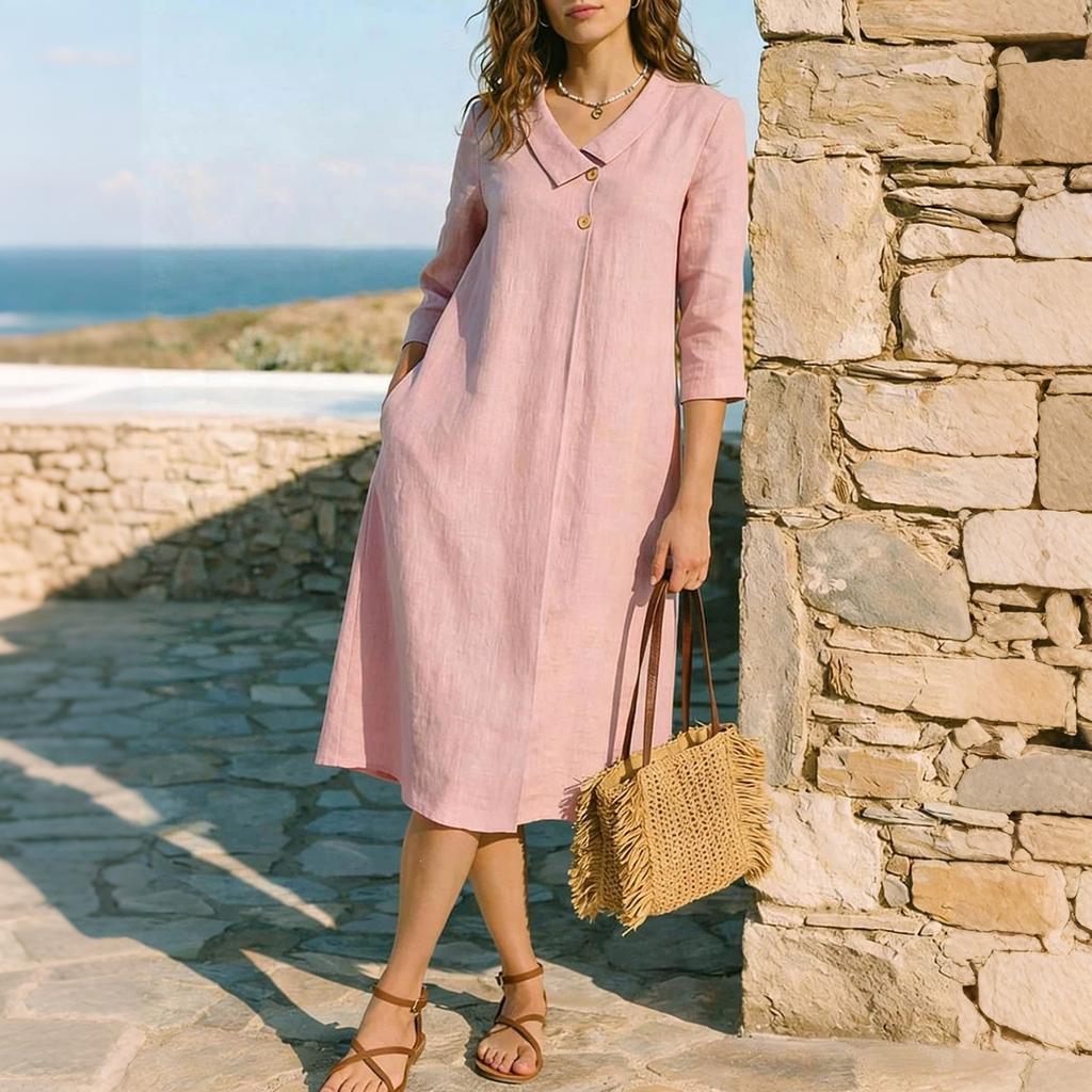 Women Style Lapel Collar Midi Dress Linen Three Quarter Sleeve A Line Vacation Dress with Pockets